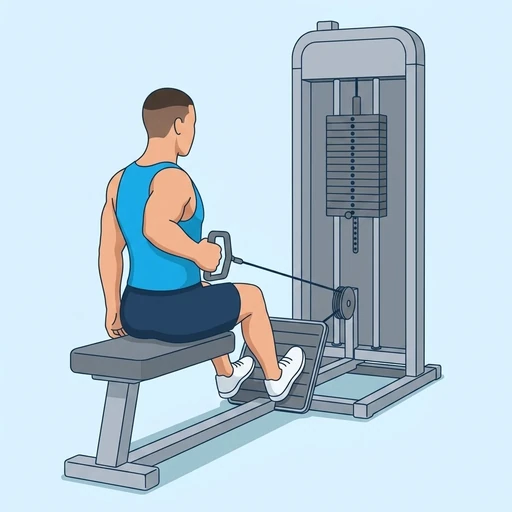 One-Arm Seated Cable Row — peak position, flat illustration