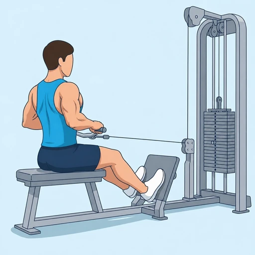 Wide Grip Seated Cable Row — peak position, flat illustration